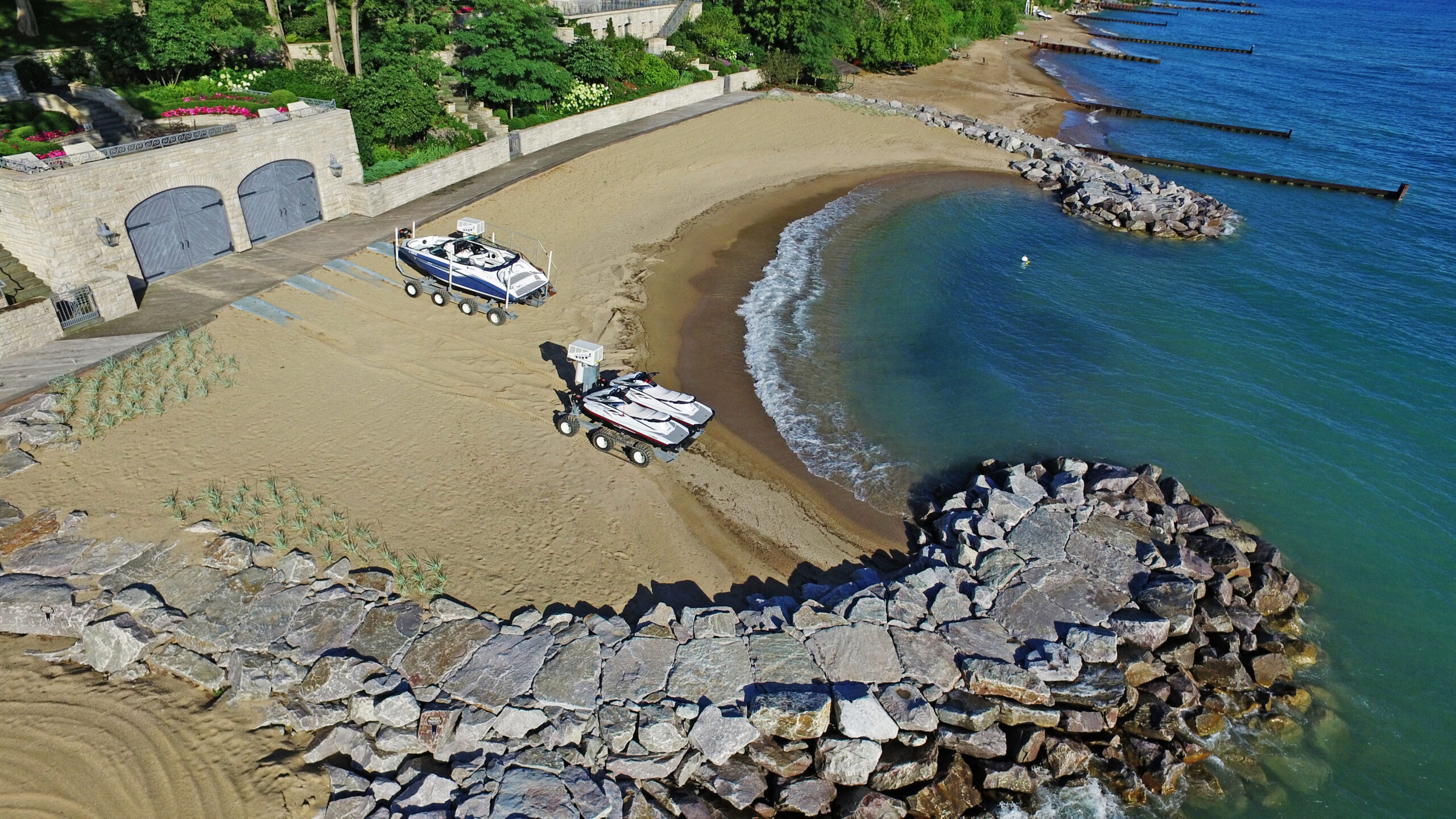 Aerial view of Beachlauncher on Lake Michigan shoreline